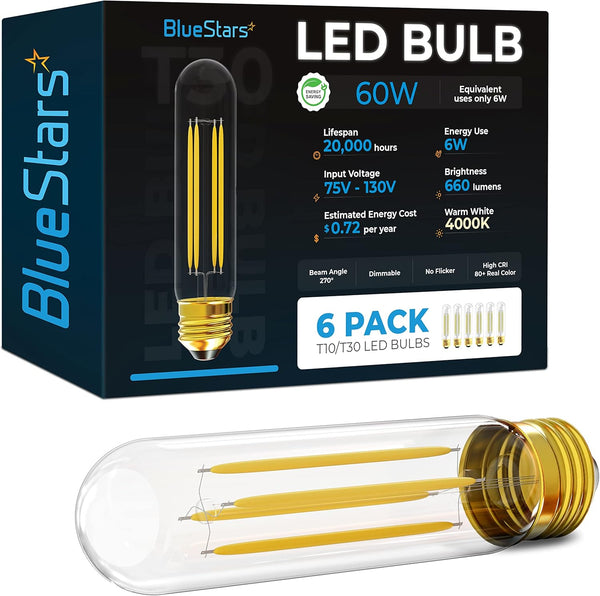BlueStars 5in T10 Tubular LED Light Bulbs 6W T30 E26 Medium Base,