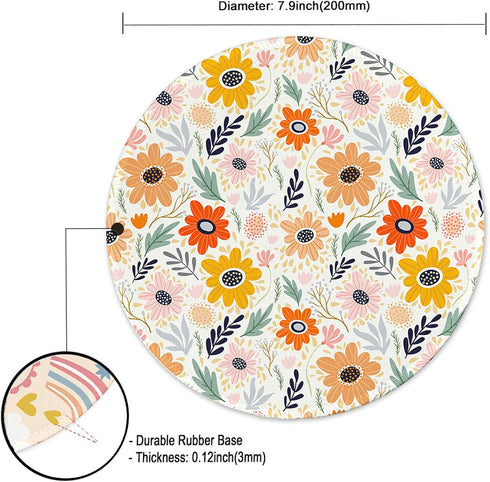 Round Gaming Mouse Pad, Non-Slip Rubber Base Mat with Stitched Edge 7.9 x 7.9 Inch, Adorable Flower
