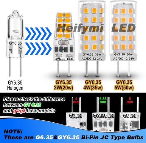 GY6.35/G6.35 5W Bulb 12-24V 2700K 50W Bulb Non-Dimmable, 5 Pack Heifymi LED AC/DC Warm White JC Type Bi-Pin Base