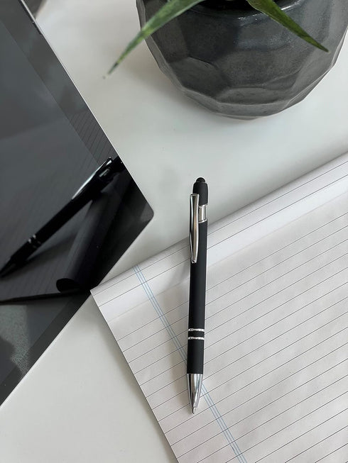 Lenden Pack of 5 Rubberized Comfort Soft Touch 2 in 1 Ballpoint Pen, Capacitive Stylus Tip, Premium Metal Medium Point,