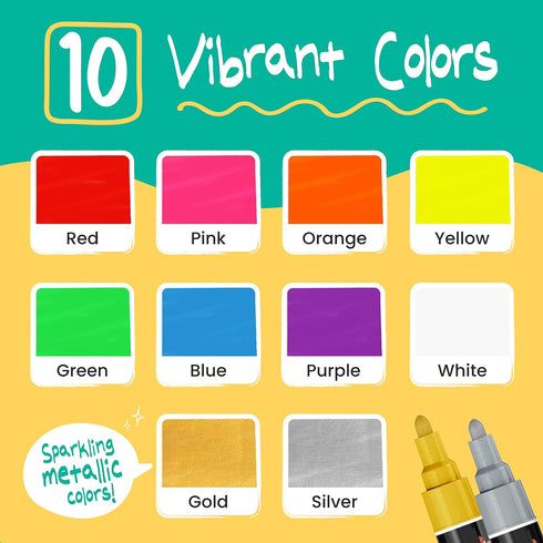 Chalkola Liquid Chalk Markers Erasable (10 Pack) w/Gold & Silver - Washable Paint Chalk Pens for Chalkboard Signs, Blackboard, Car Window, Bistro, Glass, Board - Neon Wet Wipe 6mm Reversible Bold Tip by Chalkola