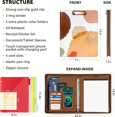 Ospelelf Leather Portfolio Folder | 3 Ring Binder with Storage Clipboard | Fits Letter Size Paper | Faux Abstract