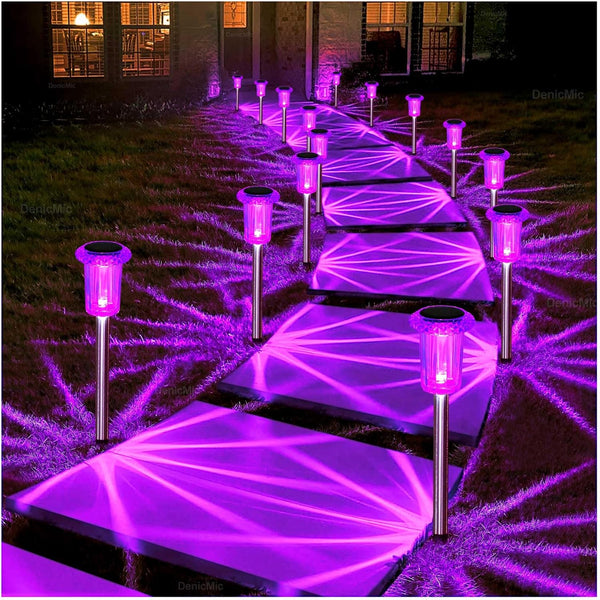 DenicMic Solar Lights Outdoor 10 Pack Waterproof Purple LED Stainless Steel Stake