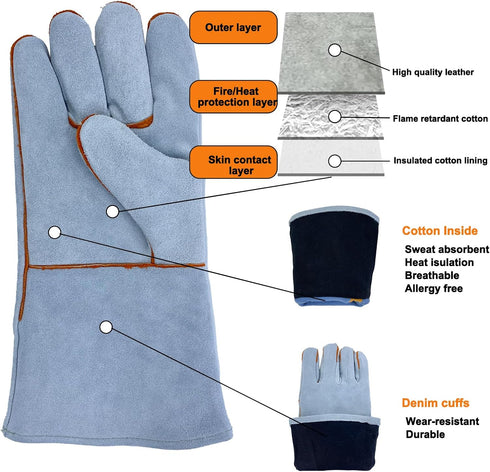 Welding Gloves 16 Inches - Heat Fire Resistant Leather Mitts for Tig/Mig/Stick and BBQ