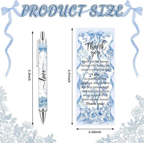 Sayglossy 50 Sets Blue Bridal Shower Bow Pens Wedding Thank You Gifts for Guests Blue White Floral Ballpoint Pens