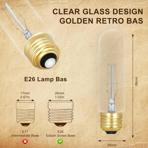 MMBGJKG 25 T10 Bulb, T10 Bulbs,Vintage Bulbs,Showcase lamp,Dimmable Bulb(6PACK) Watt Clear Tubular Incandescent Light