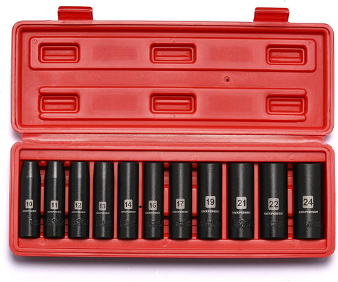 11-Piece 1/2-Inch Set, 6 10-24mm MIXPOWER Drive Deep Impact Socket CR-V, Metric, Point, Deep