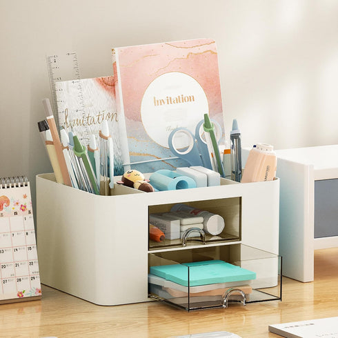 Marbrasse Pen Organizer with 2 Drawers, Multi-Functional Holder for Desk, 5 Compartments + Drawer for Office