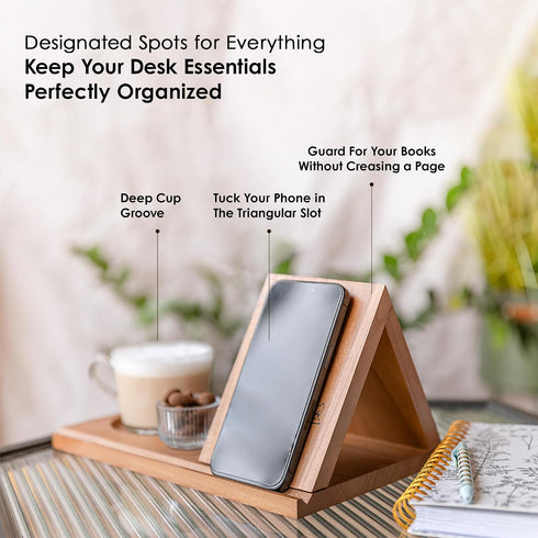 Home Smart Style Wooden Triangle Book Stand & Reading Valet Book Rest with Cup, Phone, Glasses & Pen Holder Thumb Book
