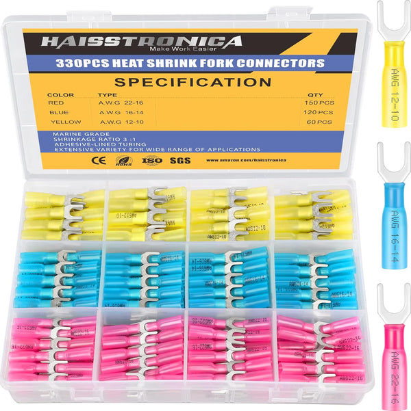330PCS Heat Shrink Fork Spade Connectors, Waterproof Marine Grade U-Type Fork Terminal Connectors for 22-10 Gauge