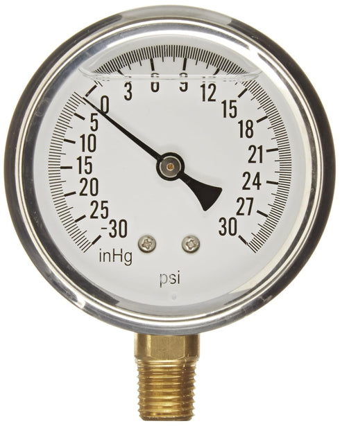 PIC Gauge S201L-254CC 30-0-30 PSI Pressure Gauge, 2.5" Dial, Bottom Mount, Glycerin Filled, Stainless Steel Case