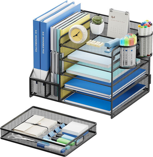 Desk Organizer with File Holder, 5-Tier Paper Letter Tray with Sliding Drawer and 2 Pen Holders, Mesh for Office