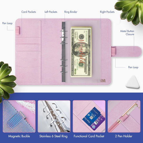 Soul Mama Budget Binder with Cash Envelopes, Holographic Prism Money Organizer, A6 Binder with Rose Gold Stickers