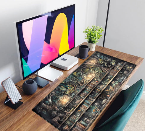 Forest Library Book Mouse Pad, Mystical Green Tree House XXL Extended Gaming Desk Mat for Women 31.5x15.7 in