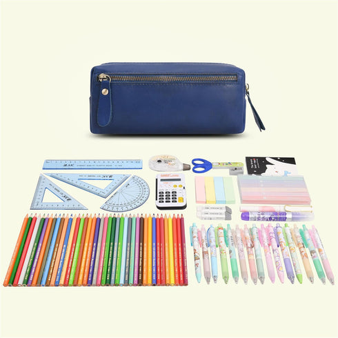 WONDERPOOL Pen Case Real Leather Pencil Pouch Markers Holder Big Capacity Bag with Side Zippered Pocket for Stationery