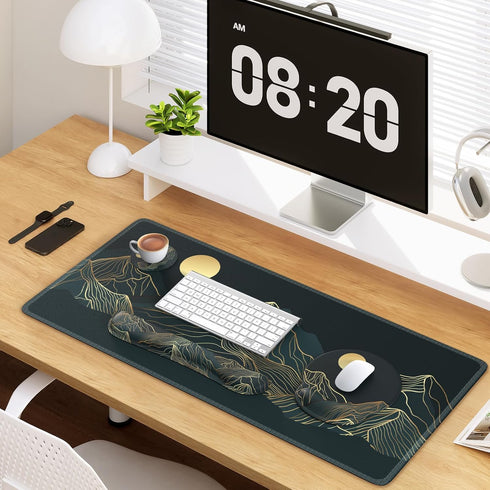 iCasso Large Mouse Pad - 4in1 XXL Mousepad + Keyboard Wrist Rest + Coaster Set, Ergonomic Design (Cyan-Mountain)