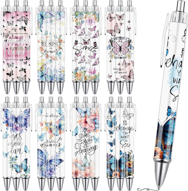 Butterfly Print Ballpoint Pens, 24PCS Kawaii Butterfly Pens Set, Retractable Positive Affirmation Pens for Office