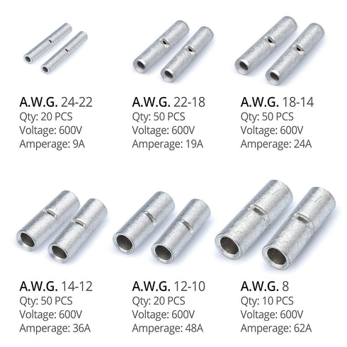Wirefy 200 PCS Non Insulated Butt Connectors Kit - Uninsulated Crimp Wire Connectors for 24-8 AWG