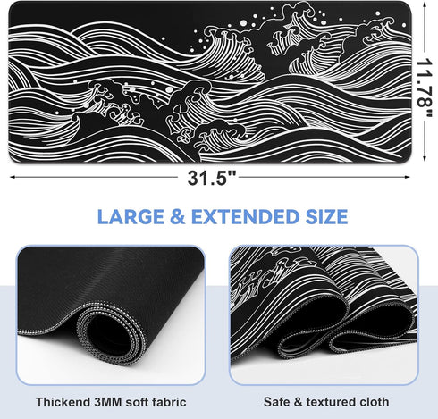Gaming Mouse Pad - Large 31.5 x 11.8 in Black and White with Non-Slip Rubber Base and Stitching Edges