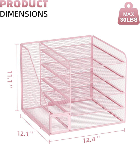 Marbrasse 5-Tier Paper Letter Tray Organizer, Mesh File Organizer for Desk, Pink