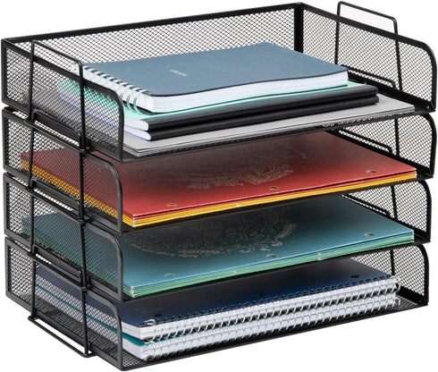 Mind Reader Stackable Paper Tray, Metal Mesh Desktop Organizer, File Storage for Office, 4 Pcs, Black