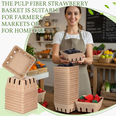 Reallnaive 20 Pack 1/2 Natural Pulp Fiber Berry Baskets Pint, Small Molded Produce Vented Basket for Strawberry