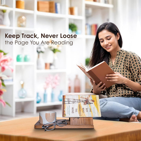 Home Smart Style Wooden Triangle Book Stand & Reading Valet Book Rest with Cup, Phone, Glasses & Pen Holder Thumb Book
