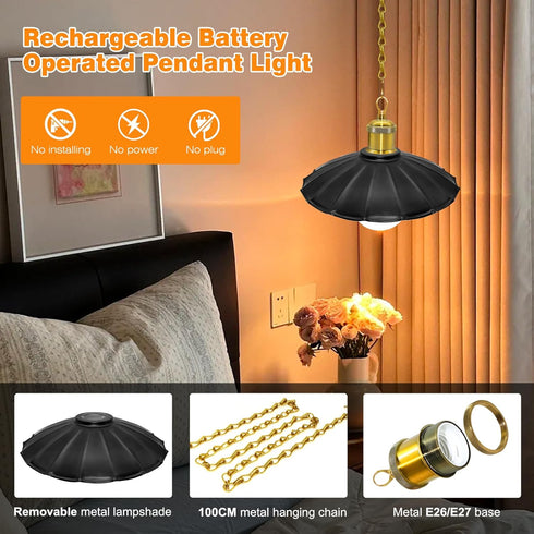 Puanticn 25x6cm Dimmable Timing Battery Operated Chandelier, Rechargeable Battery Powered Pendant Light with Remote