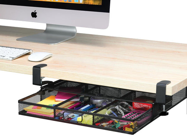 Under Desk Drawer Organizer Clamp-On, Mesh Metal Attachment, 1 Drawer Slide Out for Office Supplies & Home Essentials