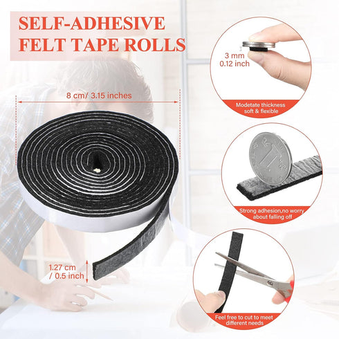 4 Rolls 120 Inch Felt Strip with Adhesive Backing Felt Tapes Furniture Felt Strip Rolls Self Stick Heavy Duty Polyester for Protecting Furniture and DIY Adhesive (Black, 0.5 Inch) by Zonon