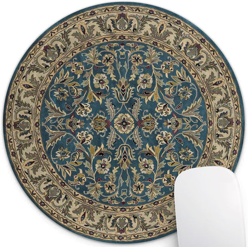 Wknoon Retro Blue and Beige Floral Print Art Round Mouse Pad, Vintage Oriental