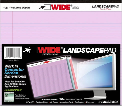 Roaring Spring Wide Landscape Pad, 74535, 40 Sheets, 11" x 9.5", Pack of 3 by ROARING SPRING