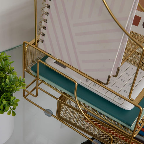 Martha Stewart Ryder Gold Mesh Metal Large Desktop Organizer - Paper File Letter Holder with Drawer