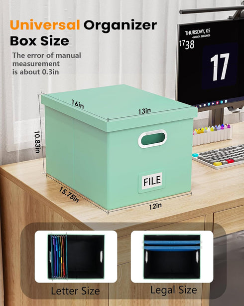 Oterri File Organizer Box with Lid, Portable Hanging File Box for Letter/Legal Storage, Mint-green Leather, 1 Pack