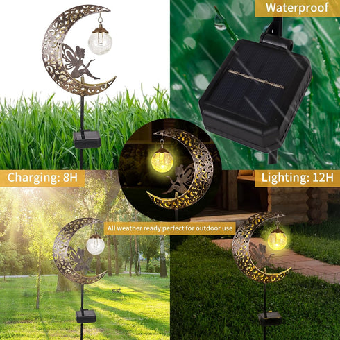Solar Garden Lights Outdoor Decor,Moon Fairy Crackle Glass Lights,Waterproof Warm White LED Metal Stake Ornament