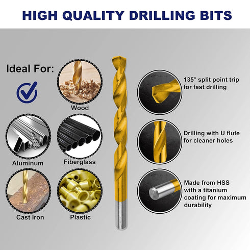 276pc Titanium Twist Drill Bit Set with S2 Bits, 135° Tip High Speed Steel, Sizes from 1/16" to 1/2", Clear Lid Case