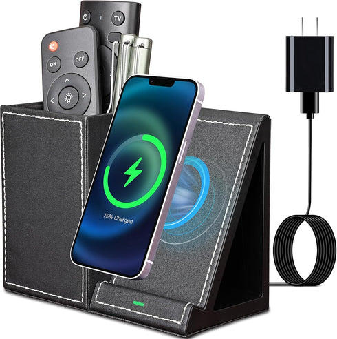 KINGFOM PU Leather Desk Organizer - Wireless Charging Station for iPhone, 10W Charger for iPhone 14/13/Samsung Galaxy,