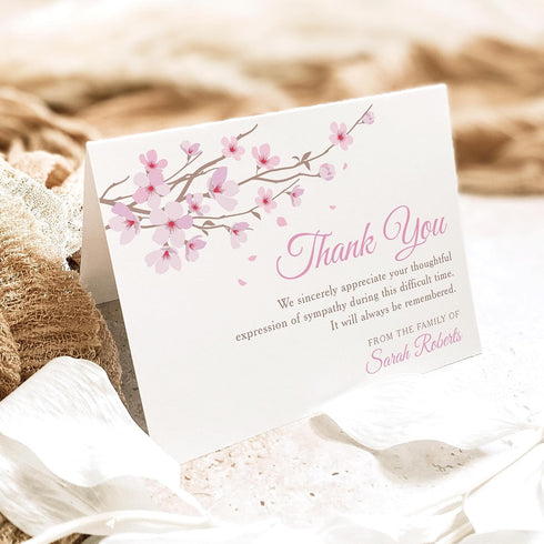 5.5x4.25 Pink Floral Cherry Blossom Sympathy Thank You Cards, Personalized Bereavement Funeral Thank You Cards
