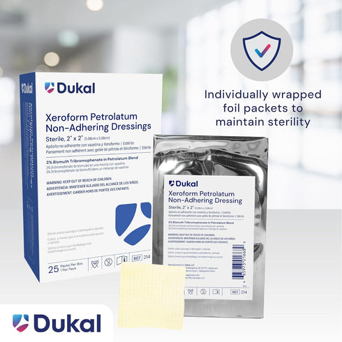 Dukal 214 Xeroform Petrolatum Gauze, Sterile, 2" W x 2" L, 25 Count (Pack of 1)