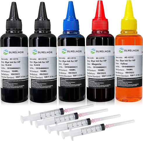 Printer Ink Dye Refill Kit for HP 61 60 62 63 950 902 564 920 901 940, 2 Black, 1 Cyan, 1 Magenta, 1 Yellow, 100ML x5