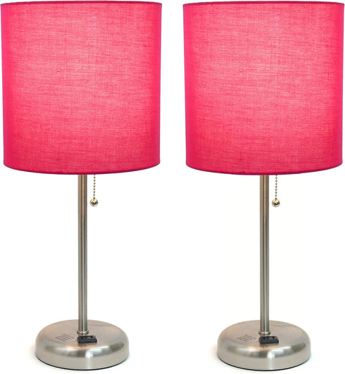 LC2001-PNK-2PK Set 2 Pack Set Simple Designs Brushed Steel Stick Table Lamp with Charging Outlet and Pink Fabric