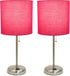 LC2001-PNK-2PK Set 2 Pack Set Simple Designs Brushed Steel Stick Table Lamp with Charging Outlet and Pink Fabric