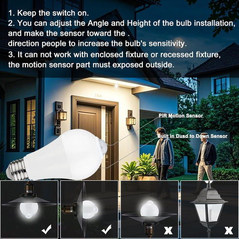 Bulbs 12W (100W 5000K Bulbs (2-Pack) Motion Sensor LED Equivalent) - Auto On/Off Dusk to Dawn Security Lighting