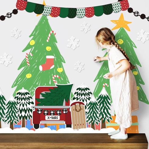 Whaline 139Pcs Christmas Classroom Bulletin Board Decoration Kit, Xmas Tree Red Truck Cutouts with Glue Point Stickers