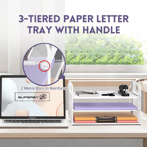 SUPEASY 3 Tier White Paper Organizer with Handle, Mesh Desk Letter Tray, File Organizer
