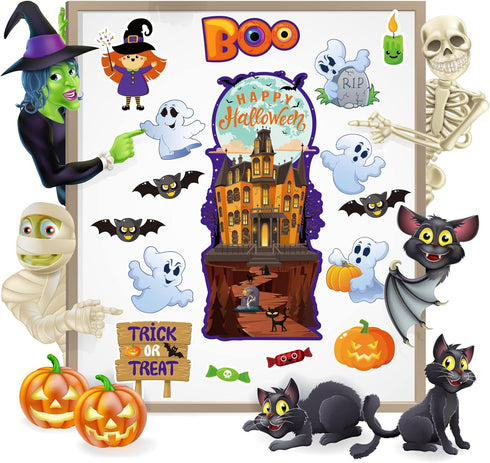 Halloween Classroom Bulletin Board Decorations - Cutouts Trick or Treat Pumpkin, Bat, Witch, Ghost, Castle