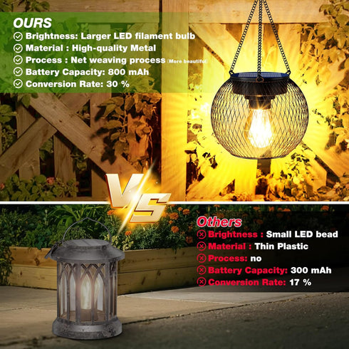 2 Pack, 13.45" Solar Lanterns Outdoor Waterproof Metal Solar Hanging Lights with Hooks & Auto On/Off, Brighter Warm