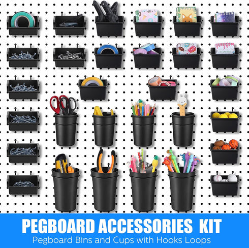64 Pieces Pegboard Bins with Hooks and Loops - Organizer Accessory for Tools Storage Office Workshop Garage