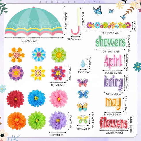 TaoBary 96 Pcs April Showers Bring May Flowers Bulletin Board Cutouts with 3D Tissue Paper Flower Spring Bulletin Board Classroom Decoration for School Home Game Party Supplies(Umbrella)
