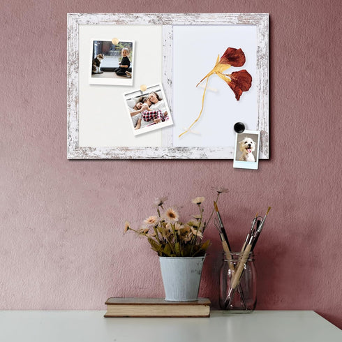 White Felt Board Combo with Bulletin Board and Whiteboard, 10.2" x 14.2", White Wood Frame, Whiteboard+WH-2636WH